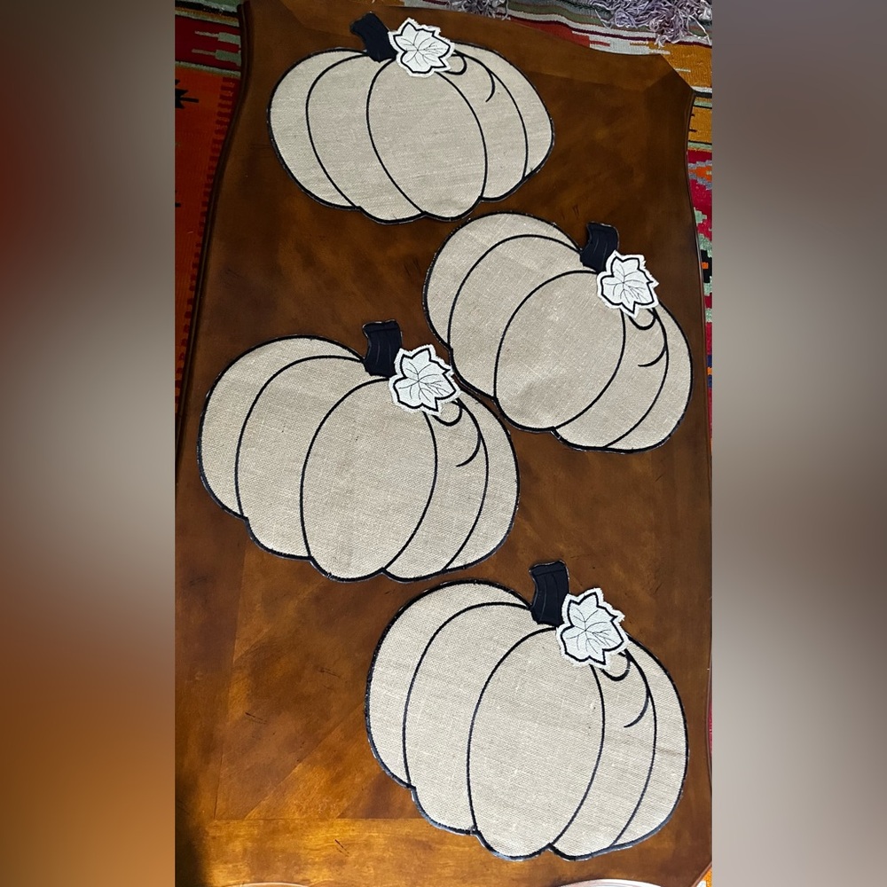 Set of 4 Pumpkin Shaped Burlap Placemats with black cotton back
